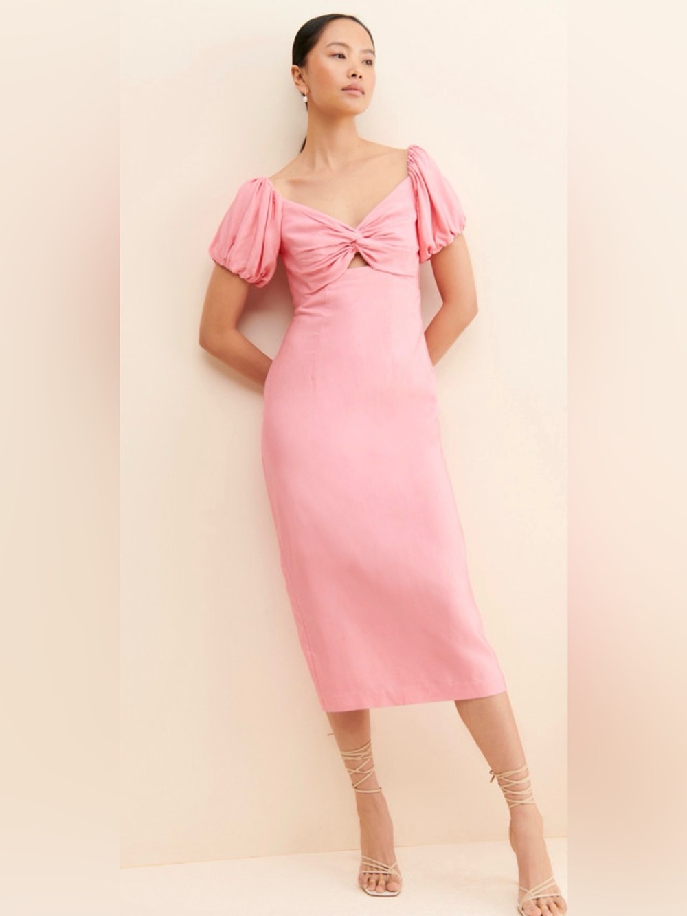 Pink Puff-Sleeve Twist Front Midi Dress